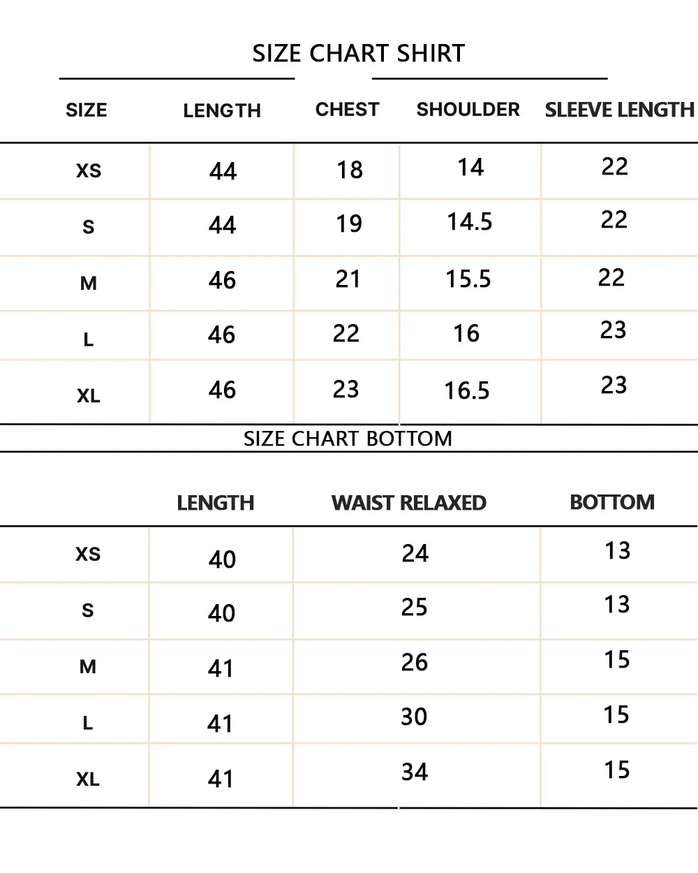 Black Pearl 2-Piece Size Chart