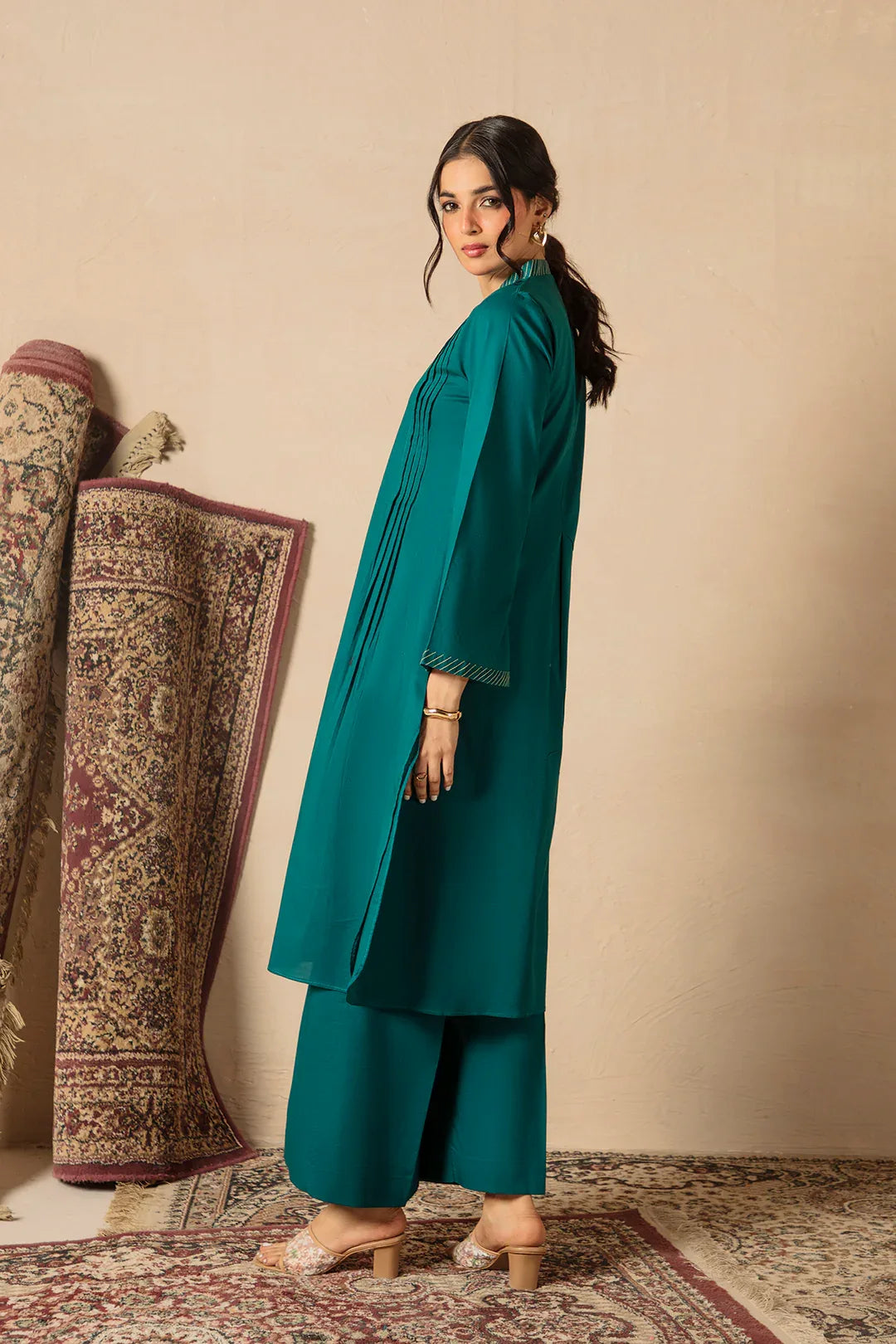 Dark Cyan 2pc Solid Dress - SERAH