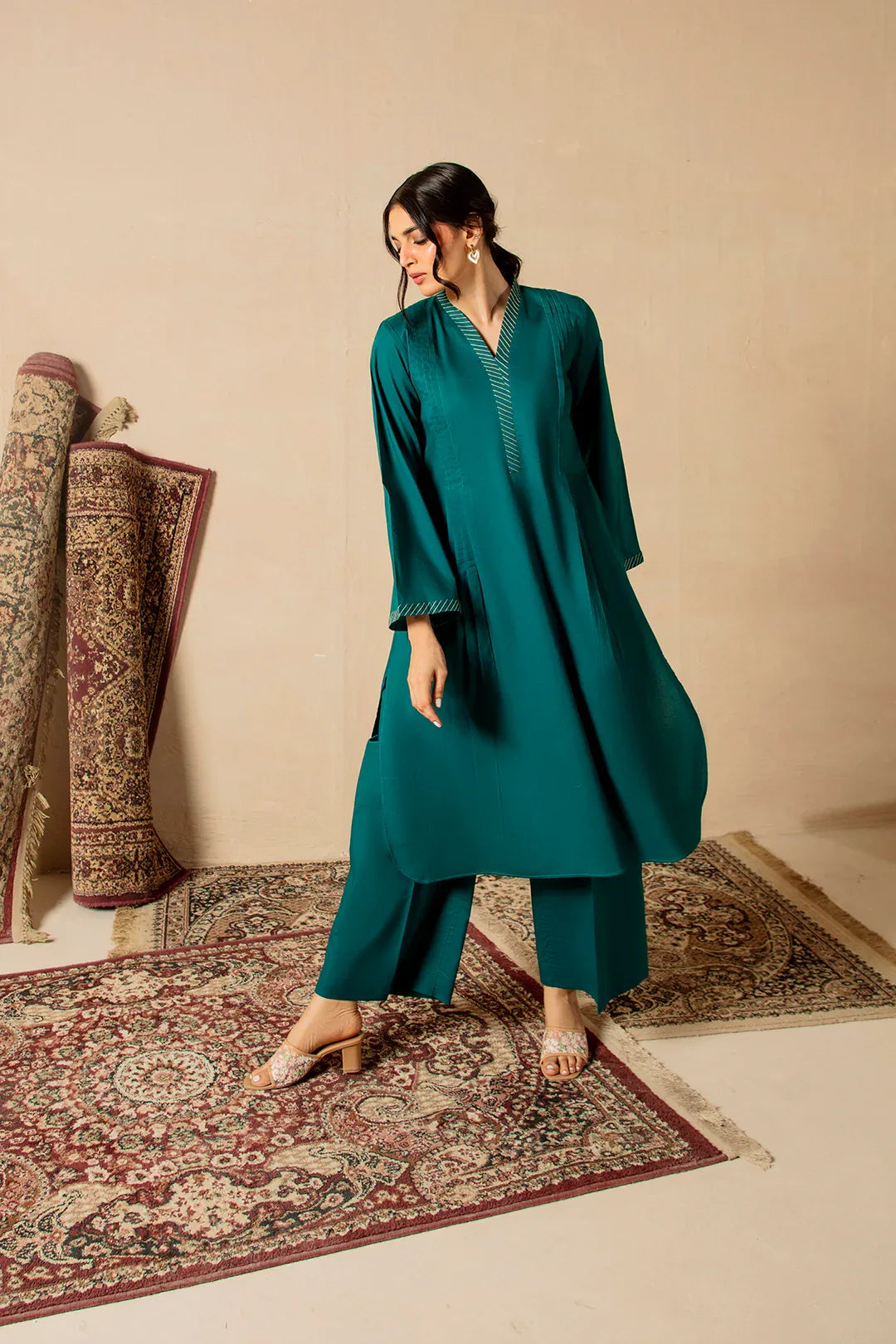 Dark Cyan 2pc Solid Dress - SERAH