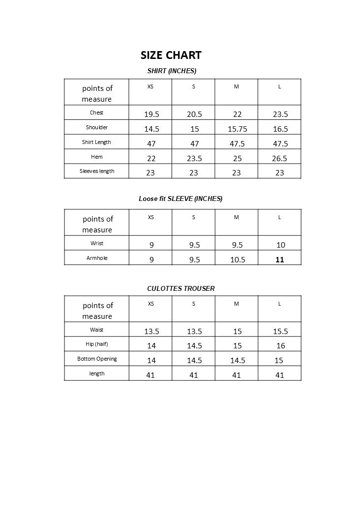 SOLSTICE Size Chart