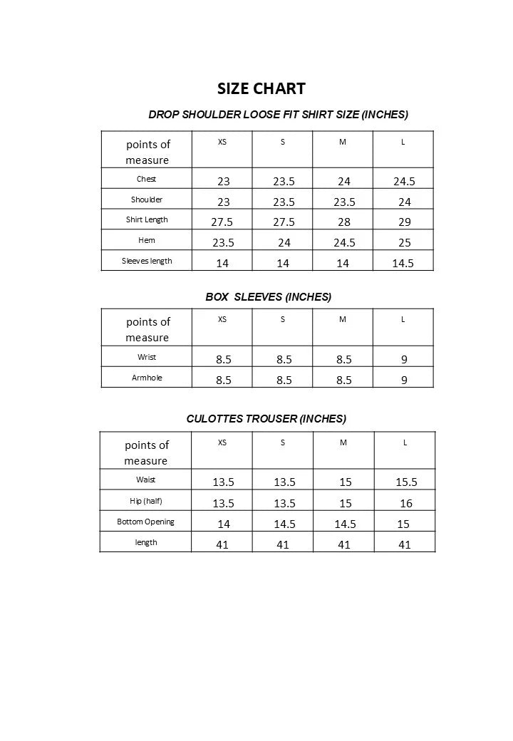 BUTTER YELLOW Size Chart