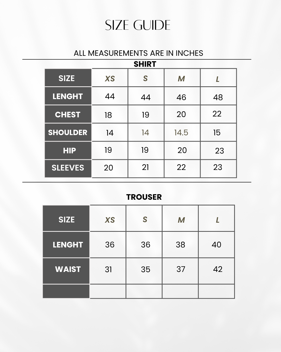 Khwaab - Frock Set Size Chart